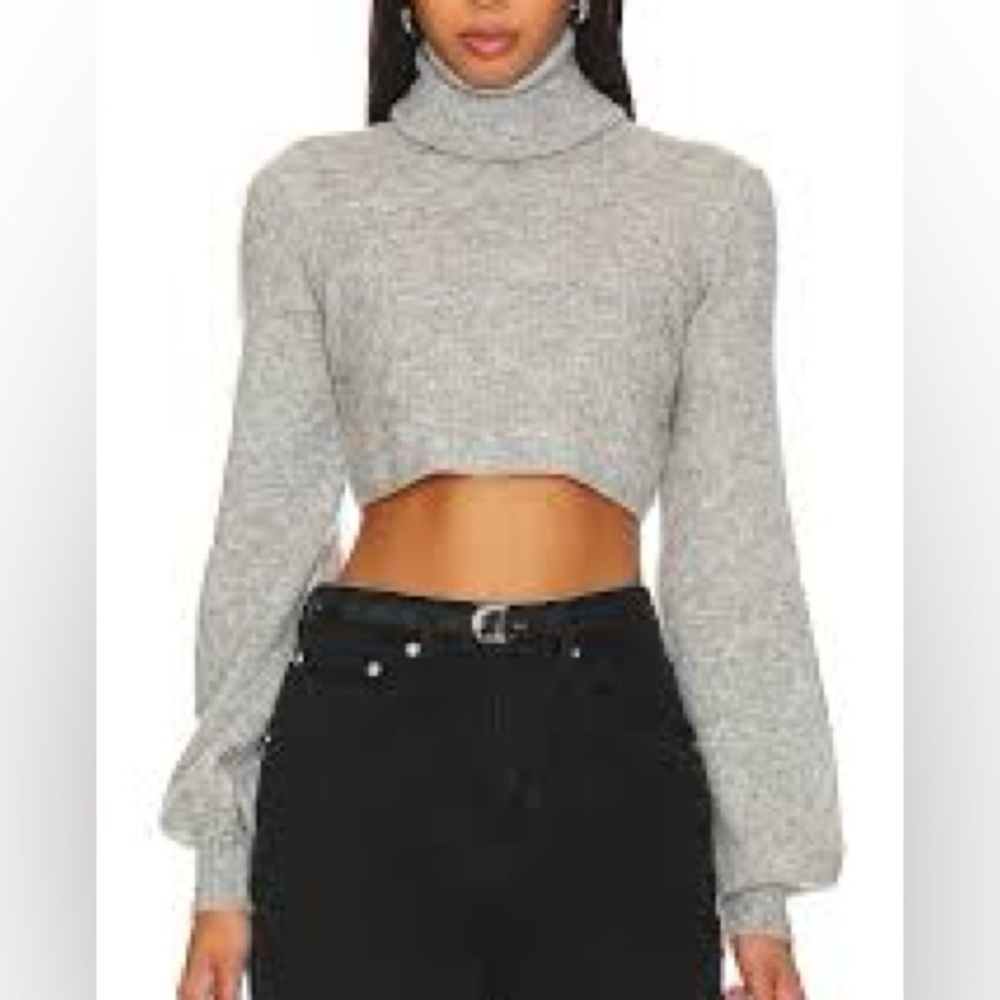 Camila Coelho Cesare Cropped Turtleneck Sweater in Heather Grey - Size XS
